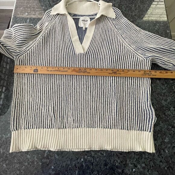 Aerie Striped Knit Collared Sweater Size Large Blue Cream Pullover - Picture 6 of 8